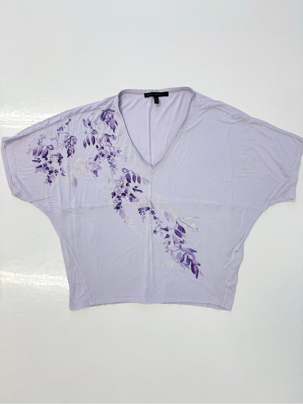 White House Black Market Women's Purple Dolman Sleeve Knit Top with Floral Print